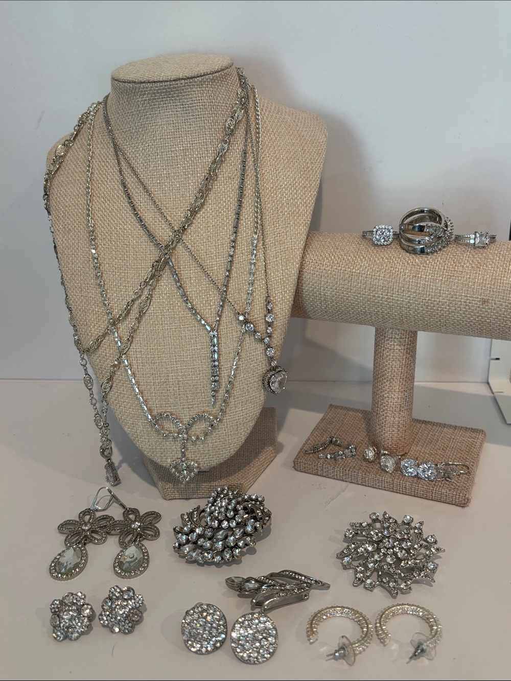 Vintage Silver Tone Rhinestone Costume Jewelry Lot